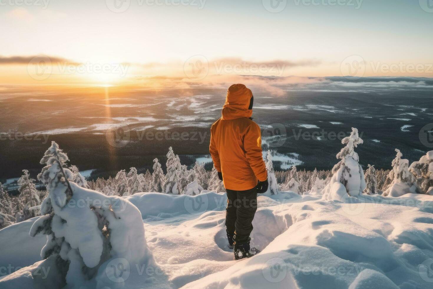 AI generated Group of male hikers admiring a scenic view from a mountain top. Adventurous young men with backpacks. Hiking and trekking on a nature trail. Traveling by foot. photo