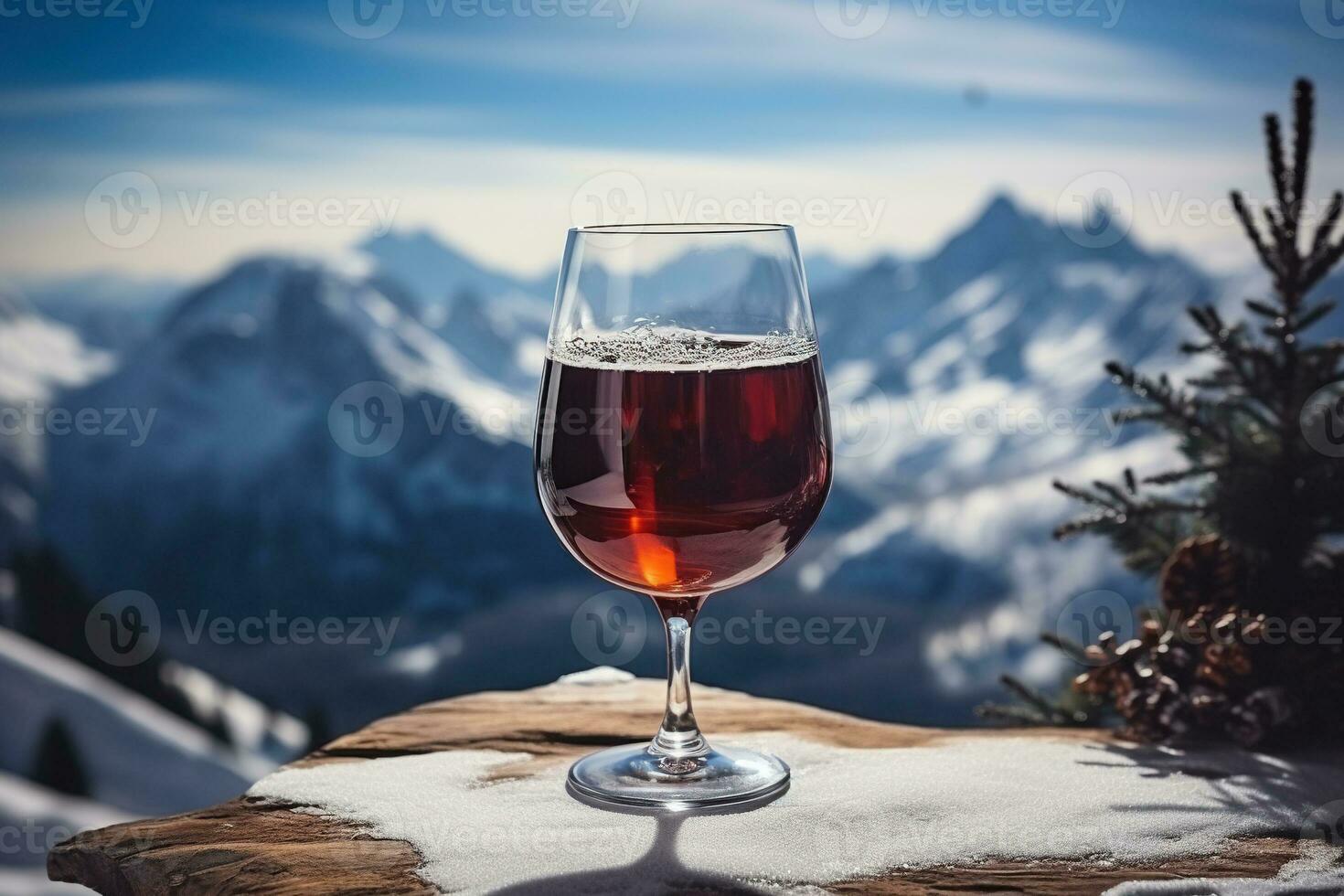 AI generated A glass of hot mulled wine with spices on a wooden tabletop with a view of the mountains. Generated by artificial intelligence photo