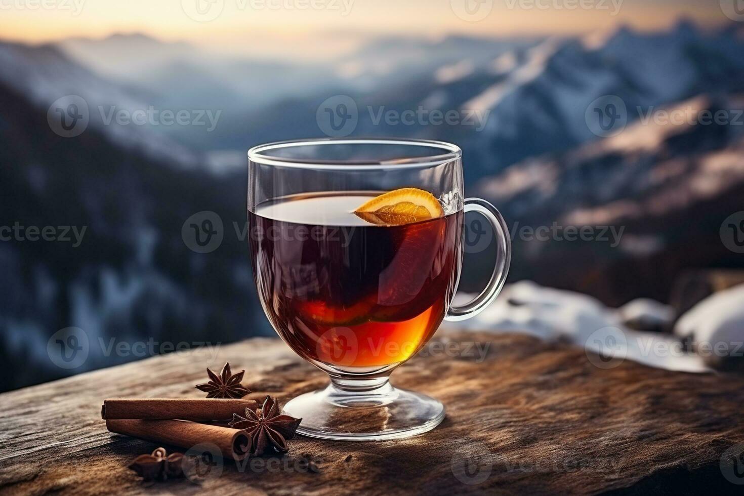 AI generated A glass of hot mulled wine with spices on a wooden tabletop with a view of the mountains. Generated by artificial intelligence photo