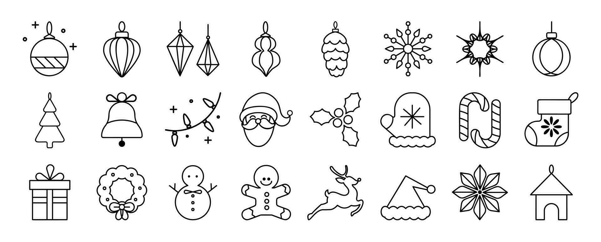 Merry Christmas and winter season doodle icon vector. Set of bauble ball, santa, gingerbread, snowman, pine, snowflake, reindeer, glove. Winter festival and holiday collection for kids, decorative. vector