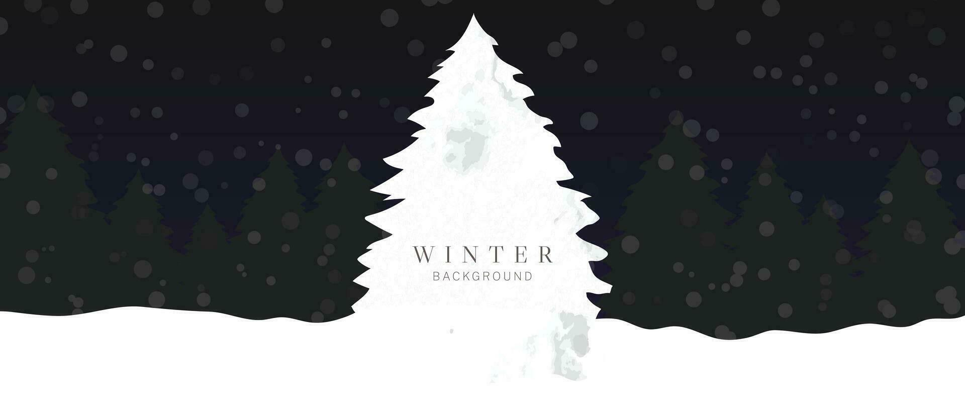 Winter festival seasonal background vector illustration. Christmas holiday event snowfall, pine, landscape with watercolor texture. Design for poster, wallpaper, banner, card, decoration.