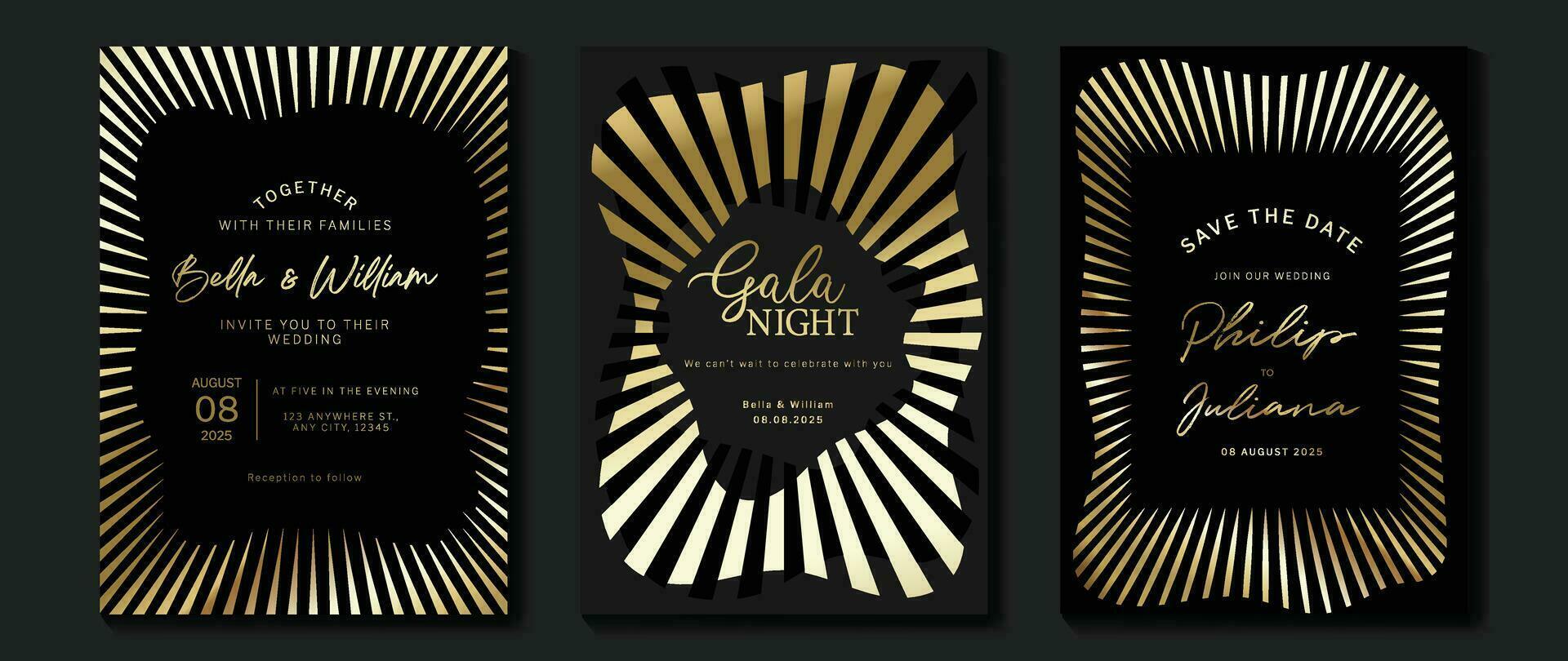 Luxury invitation card background vector. Golden elegant geometric shape, gold lines gradient on dark background. Premium design illustration for gala card, grand opening, party invitation, wedding. vector