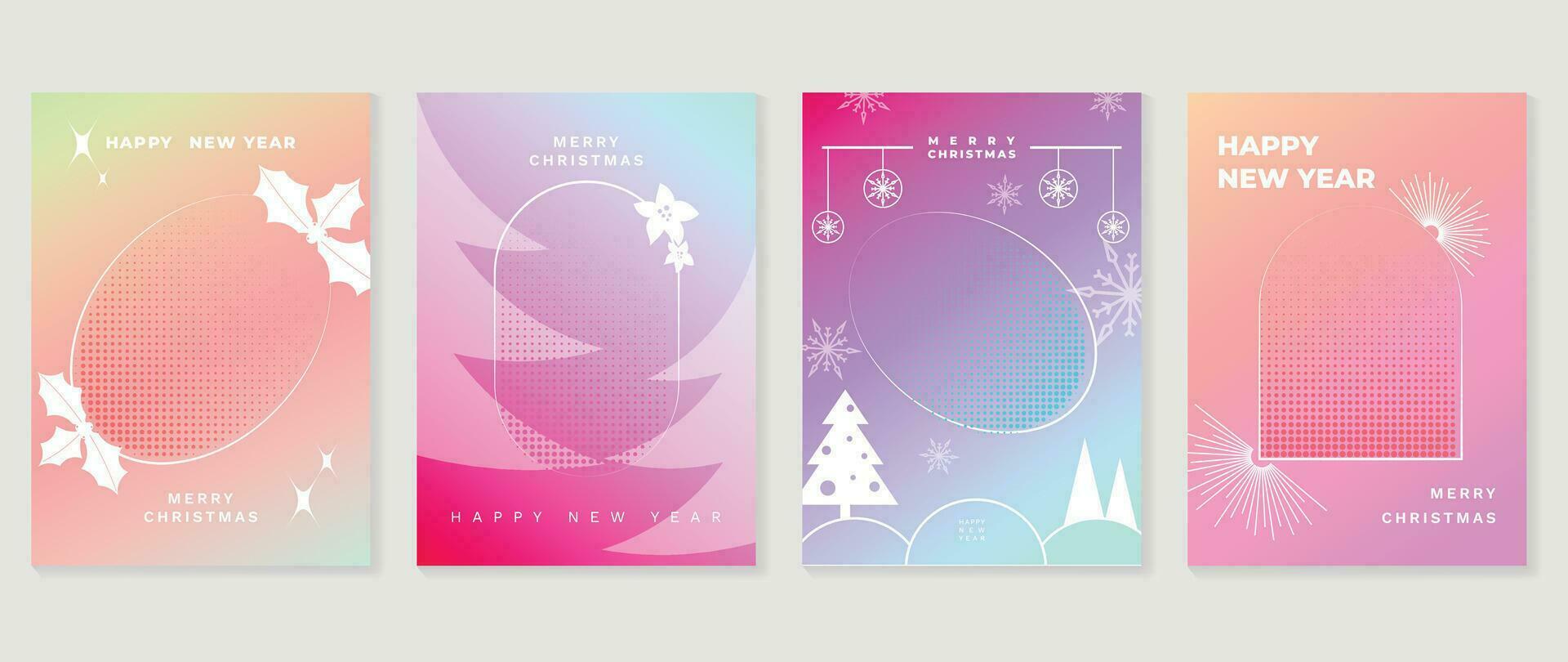 alegre Navidad concepto carteles colocar. linda degradado holográfico antecedentes vector con pastel color, copos de nieve, trama de semitonos textura. Arte de moda fondo de pantalla diseño para social medios de comunicación, tarjeta, bandera, volantes.