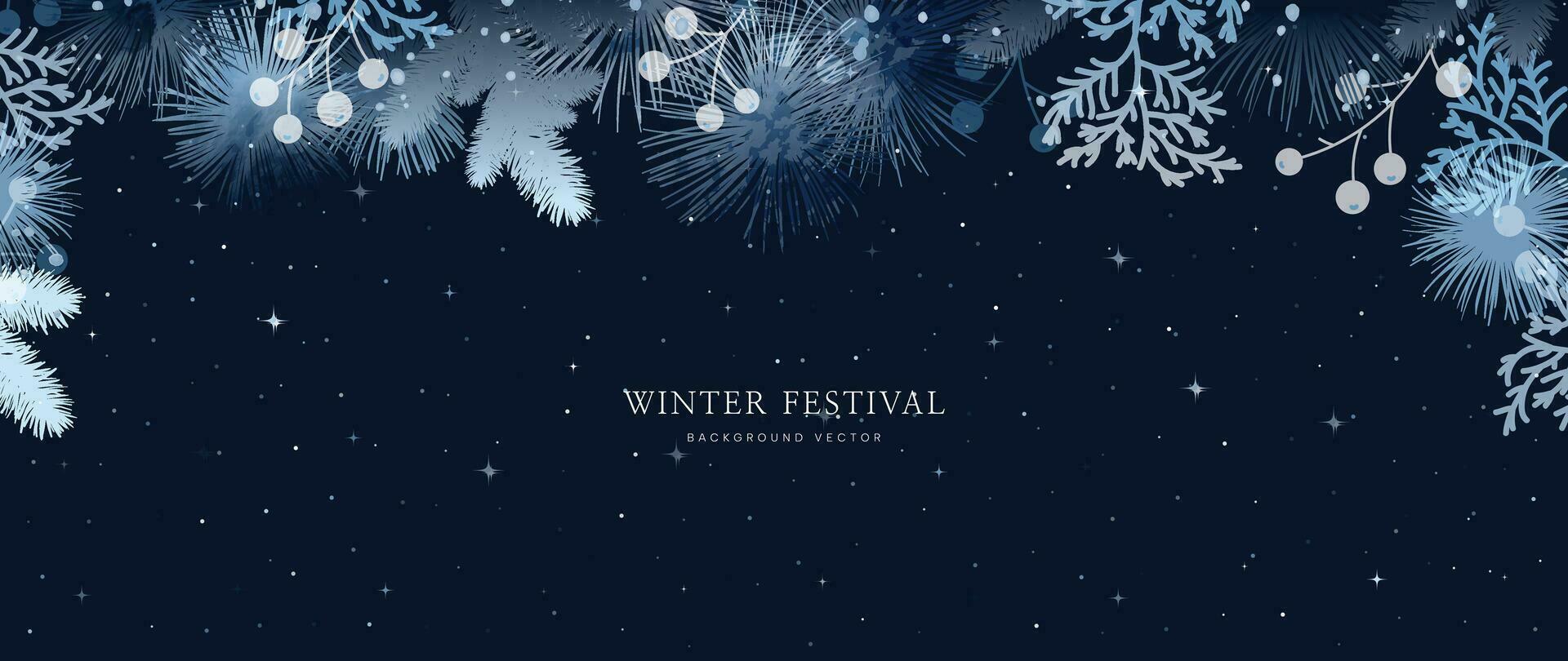 Winter festival seasonal background vector illustration. Christmas holiday event snowfall, pine leaves, berry, snowflake with watercolor texture. Design for poster, wallpaper, banner, card, decoration