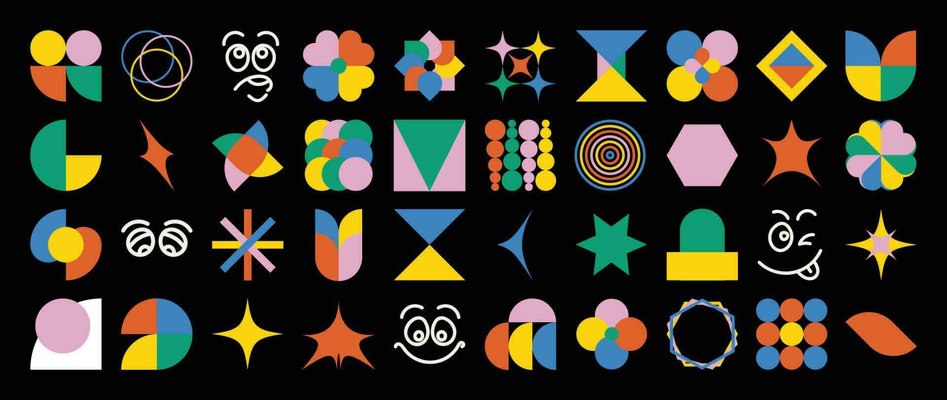 Set of abstract retro geometric shape vector. Collection of contemporary figure, face, sparkle, flower in 70s groovy style. Bauhaus Memphis design element perfect for banner, print, sticker, decor. vector
