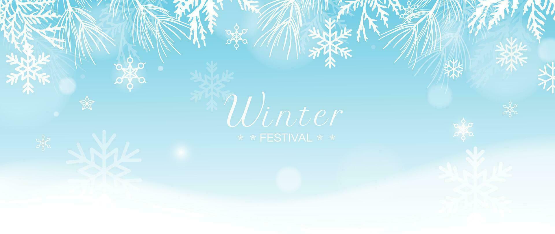 Winter festival seasonal background vector illustration. Christmas holiday event snowfall, pine leaves, berry with watercolor texture. Design for poster, wallpaper, banner, card, decoration.