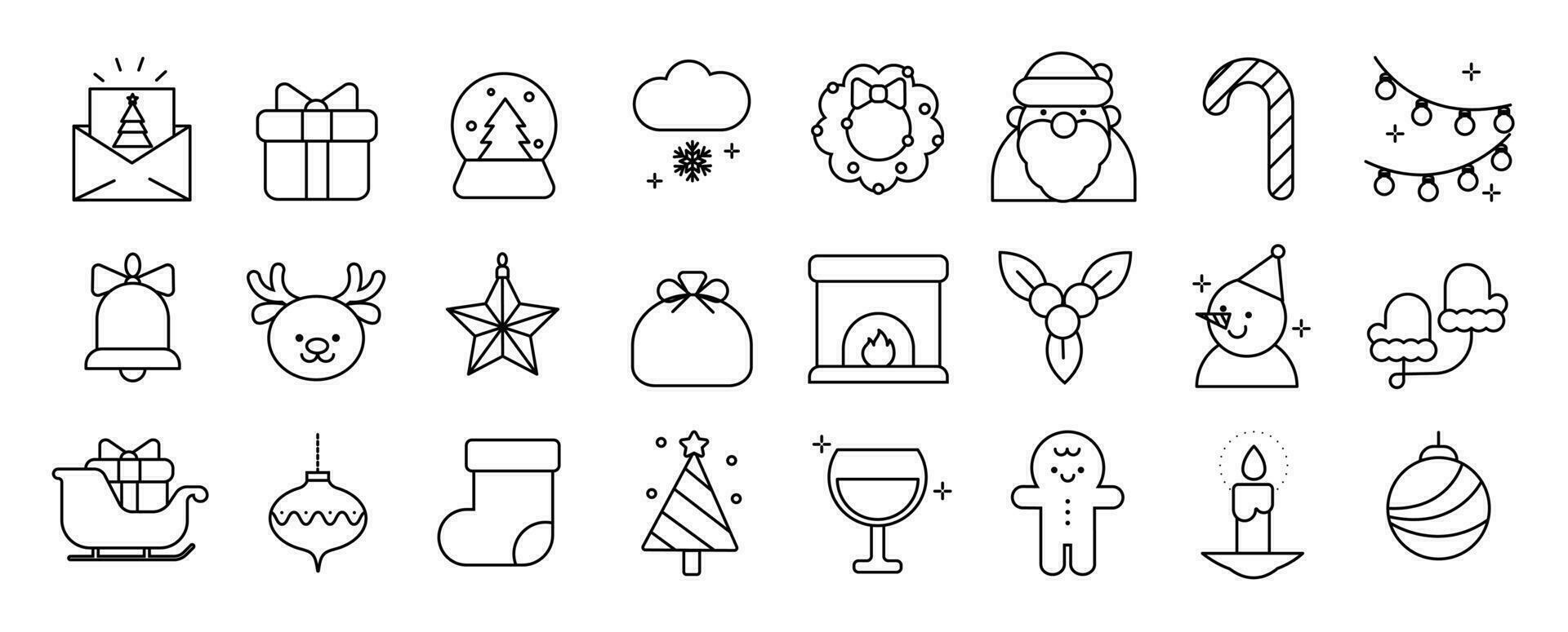 Merry Christmas and winter season doodle icon vector. Set of bauble ball, envelope, chimney, santa, snowman, gingerbread, candle, pine. Winter festival and holiday collection for kids, decorative. vector