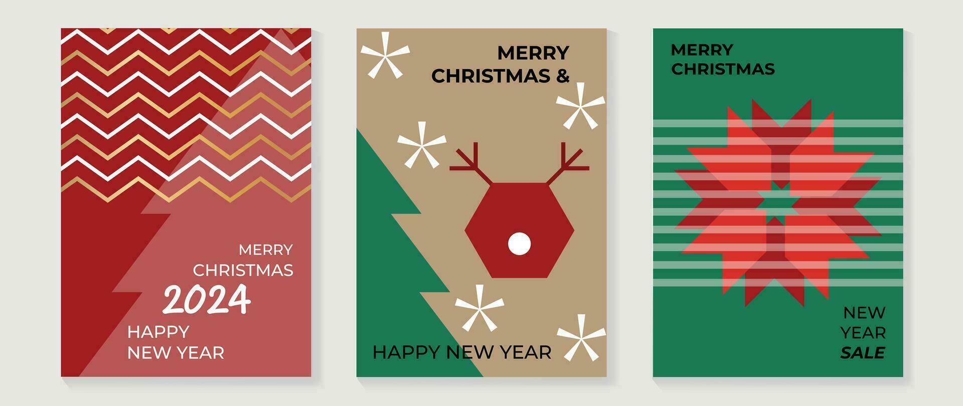 Set of happy new year 2024 and merry christmas concept background. Elements of decorative bauble, christmas tree, reindeer, snowflakes. Art design for card, poster, cover, banner, decoration. vector