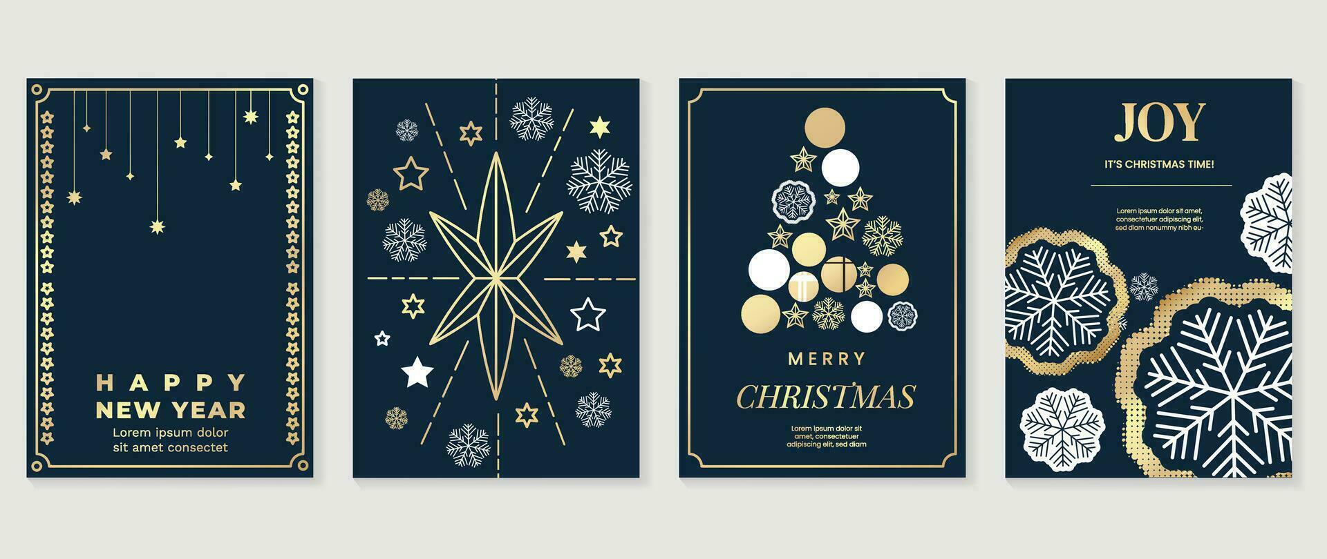 lujo Navidad invitación tarjeta Arte deco diseño vector. nieve, copo de nieve, Navidad árbol línea Arte en oscuro azul antecedentes. diseño ilustración para cubrir, saludo tarjeta, imprimir, póster, fondo de pantalla. vector