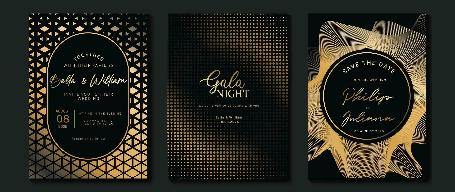 Luxury invitation card background vector. Golden elegant geometric shape, gold lines gradient, halftone on dark background. Premium design illustration for gala card, grand opening, party invitation. vector