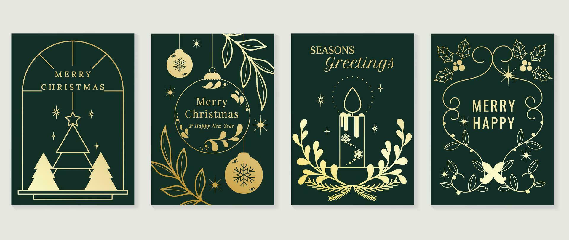 lujo Navidad invitación tarjeta Arte deco diseño vector. Navidad árbol, acebo, copo de nieve, vela línea Arte en verde antecedentes. diseño ilustración para cubrir, saludo tarjeta, imprimir, póster, fondo de pantalla. vector