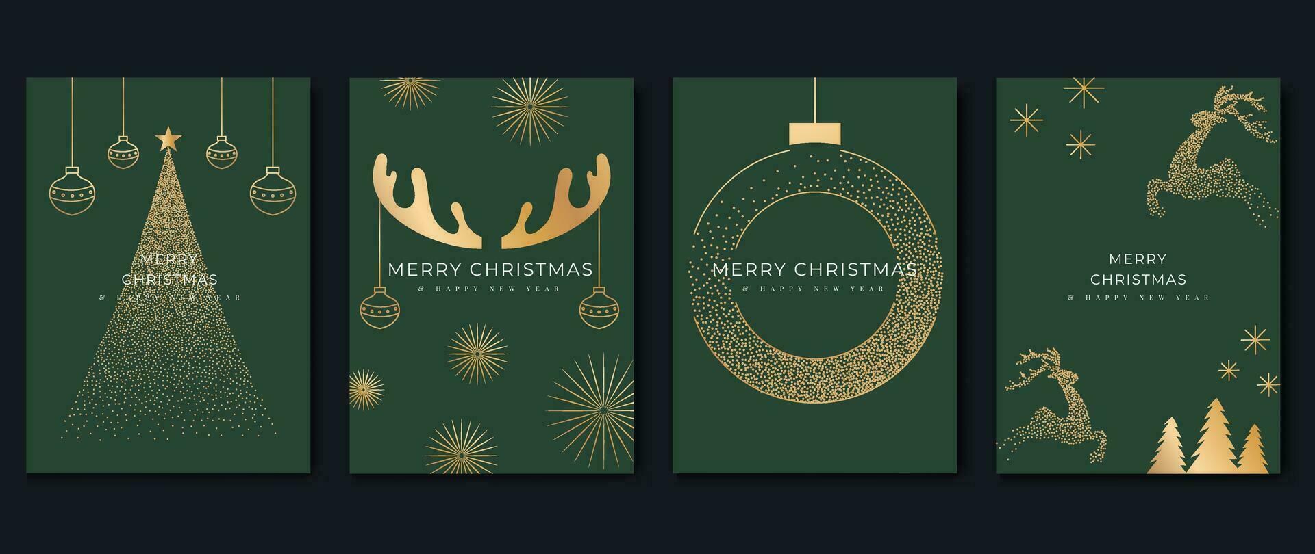 lujo Navidad invitación tarjeta Arte deco diseño vector. Navidad árbol, guirnalda, reno, copos de nieve línea Arte en verde antecedentes. diseño ilustración para cubrir, saludo, imprimir, póster, fondo de pantalla. vector