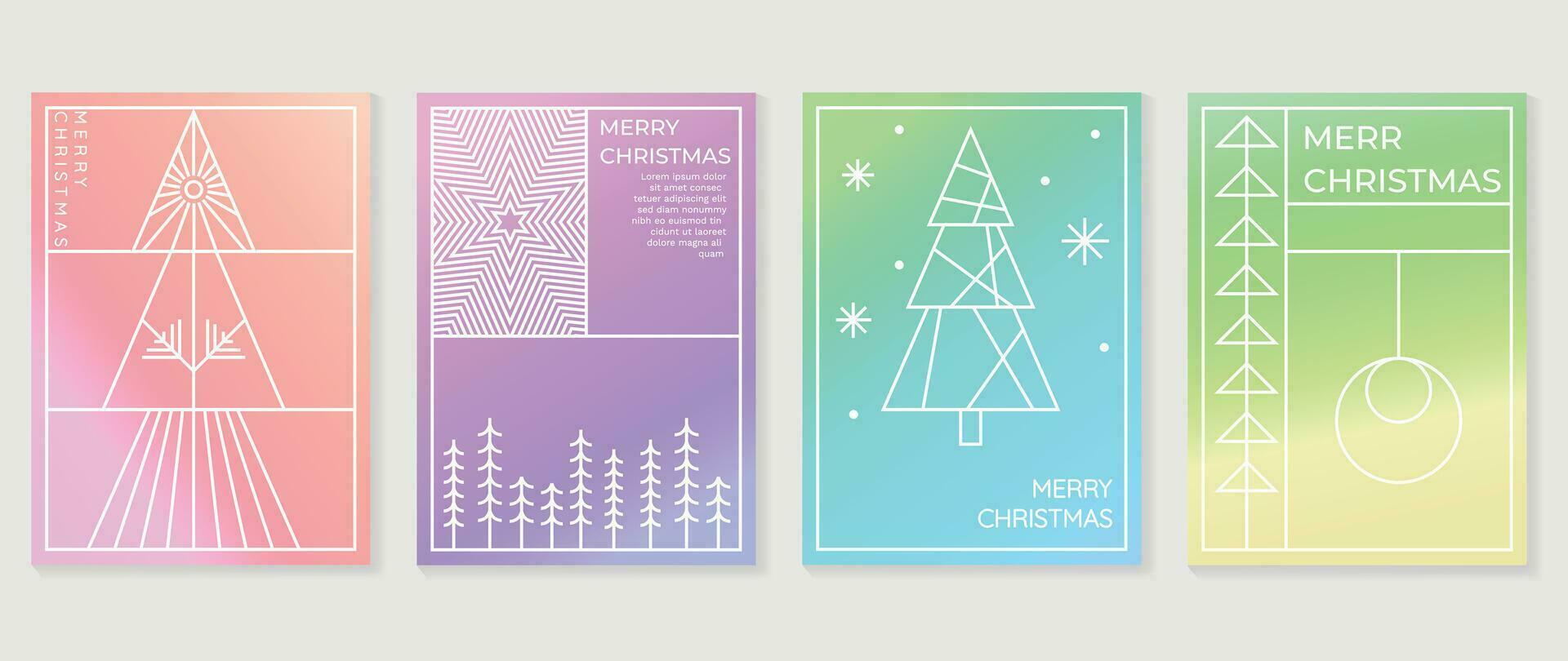 Merry christmas concept posters set. Cute gradient holographic background vector with vibrant color, snowflakes, pine, ball. Art trendy wallpaper design for social media, card, banner, flyer.