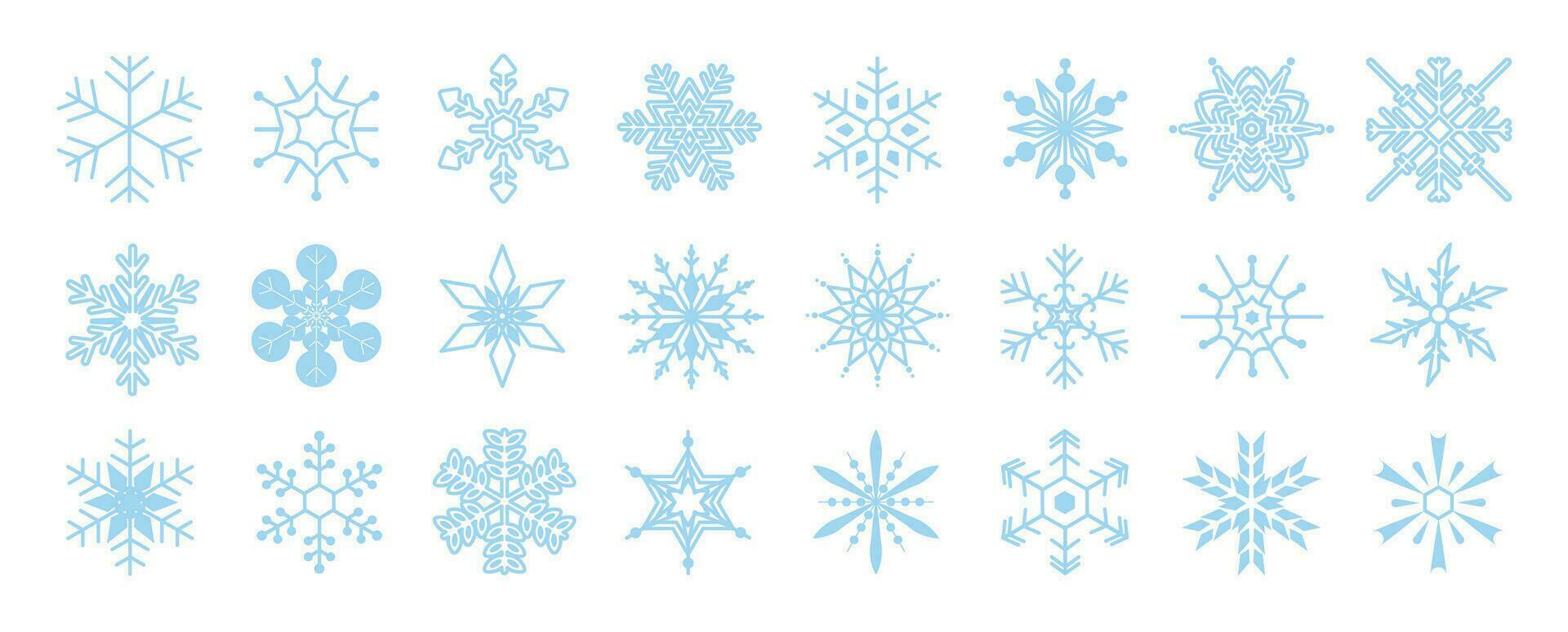 Set of snowflakes linear vector icon. Geometric snowflake shape, nature and winter related vector symbol hand drawn contour collection. Line art illustration design for logo, sticker, christmas.