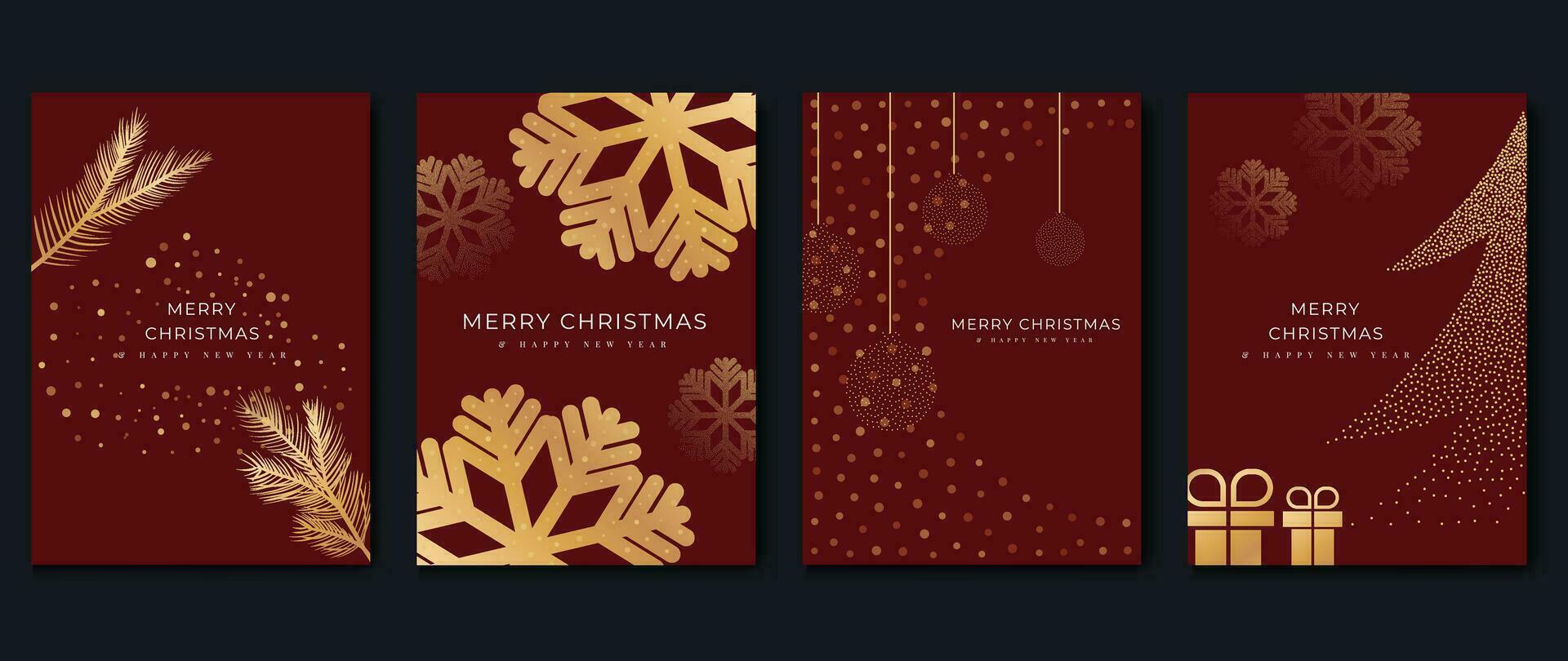 lujo Navidad invitación tarjeta Arte deco diseño vector. Navidad árbol, regalo, copos de nieve, pino hojas línea Arte en rojo antecedentes. diseño ilustración para cubrir, saludo, imprimir, póster, fondo de pantalla. vector