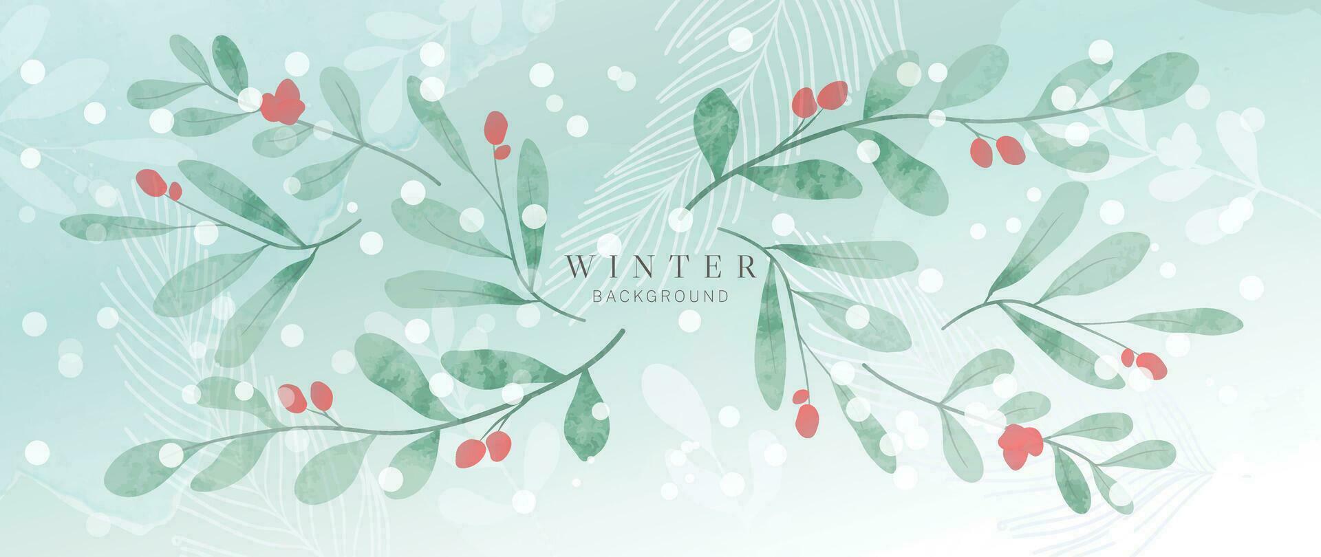 Winter botanical watercolor leaf branches background vector illustration. Hand painted watercolor foliage, berry, pine leaves, holly sprig. Design for poster, wallpaper, banner, card, decoration.