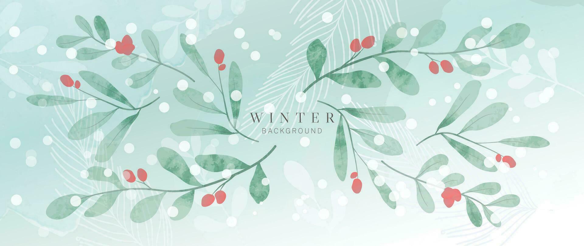 Winter botanical watercolor leaf branches background vector illustration. Hand painted watercolor foliage, berry, pine leaves, holly sprig. Design for poster, wallpaper, banner, card, decoration.