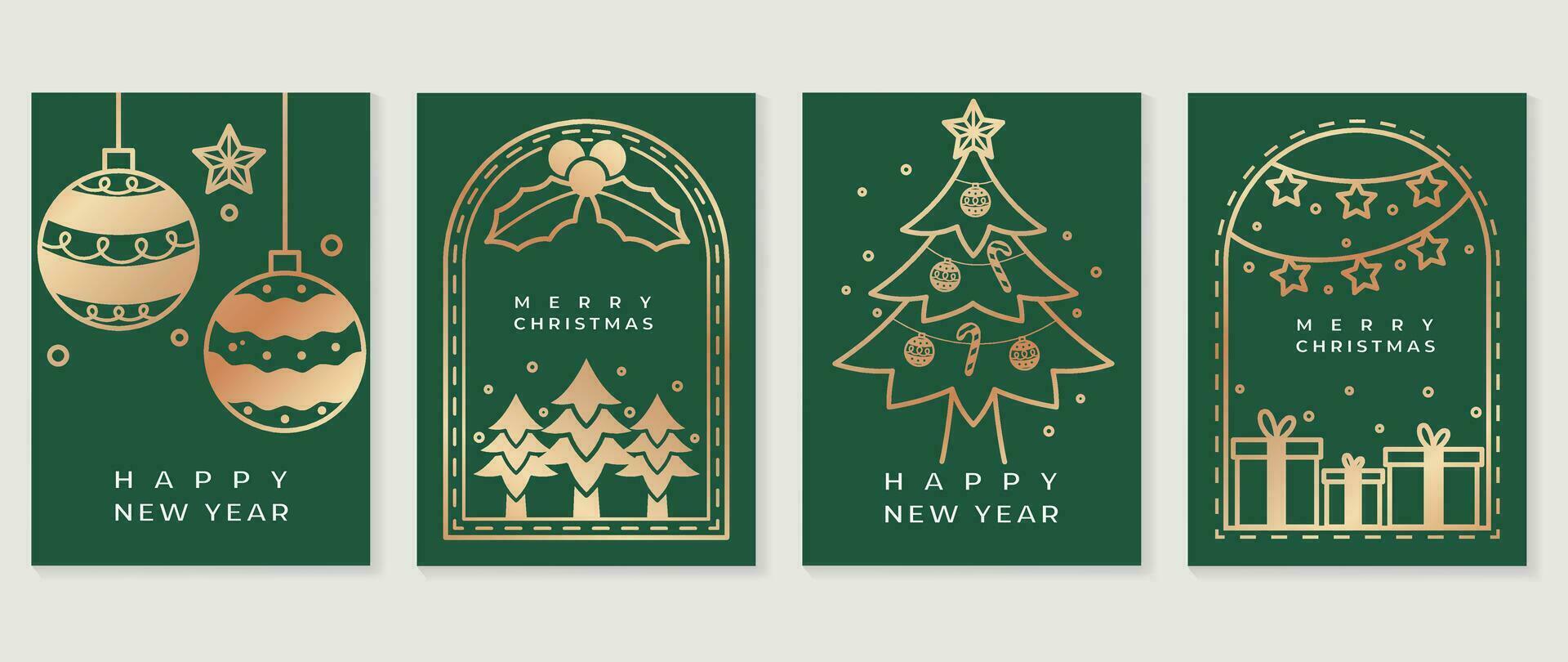 lujo Navidad invitación tarjeta Arte deco diseño vector. Navidad árbol, acebo, estrella, regalo línea Arte en verde antecedentes. diseño ilustración para cubrir, saludo tarjeta, imprimir, póster, fondo de pantalla. vector