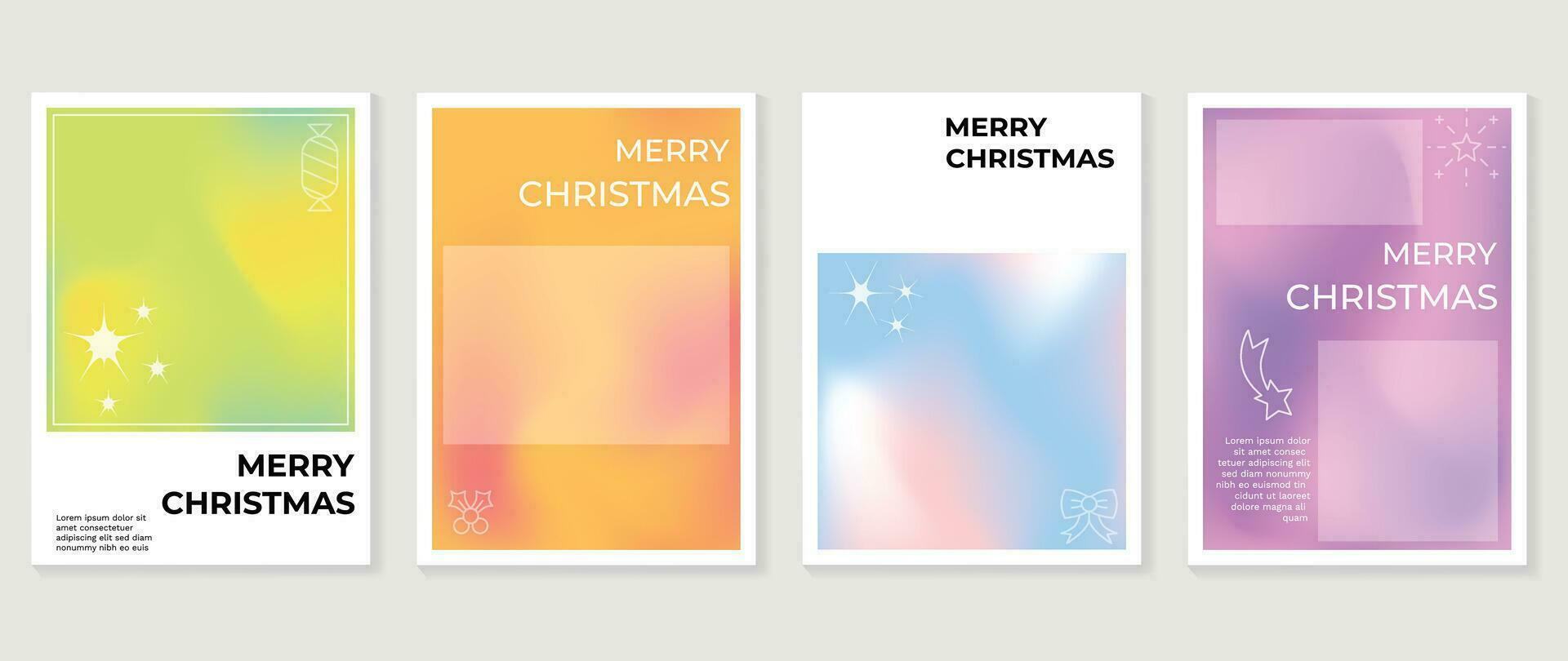 Merry christmas concept posters set. Cute gradient holographic background vector with vibrant color, candy, firework, snowflakes. Art trendy wallpaper design for social media, card, banner, flyer.