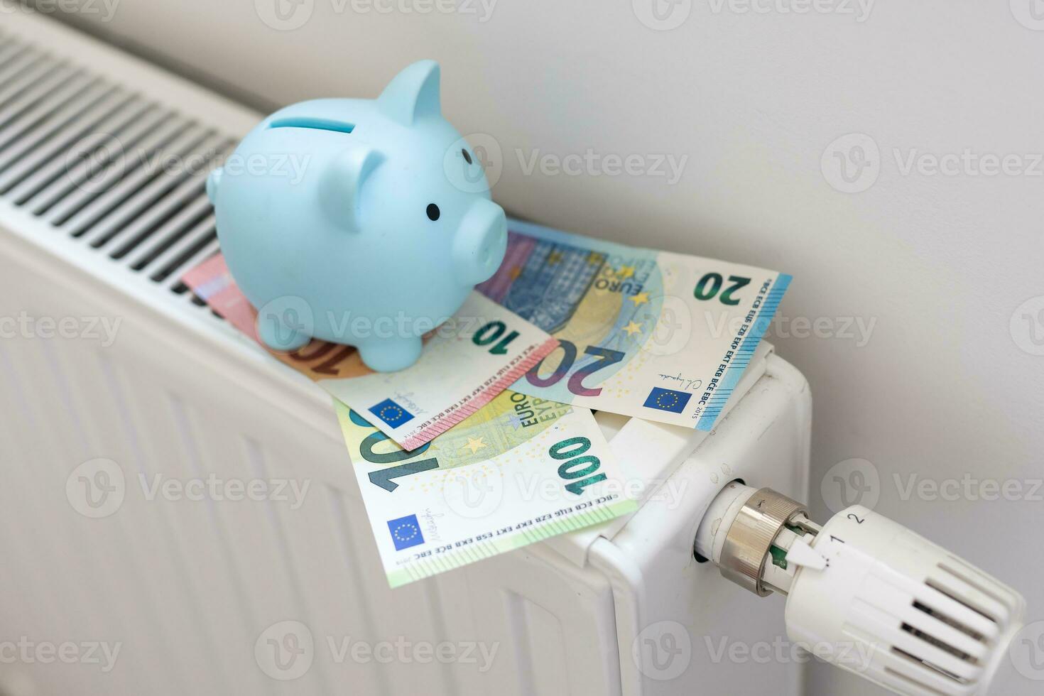 save heating costs, heating radiator with piggy bank, white background photo