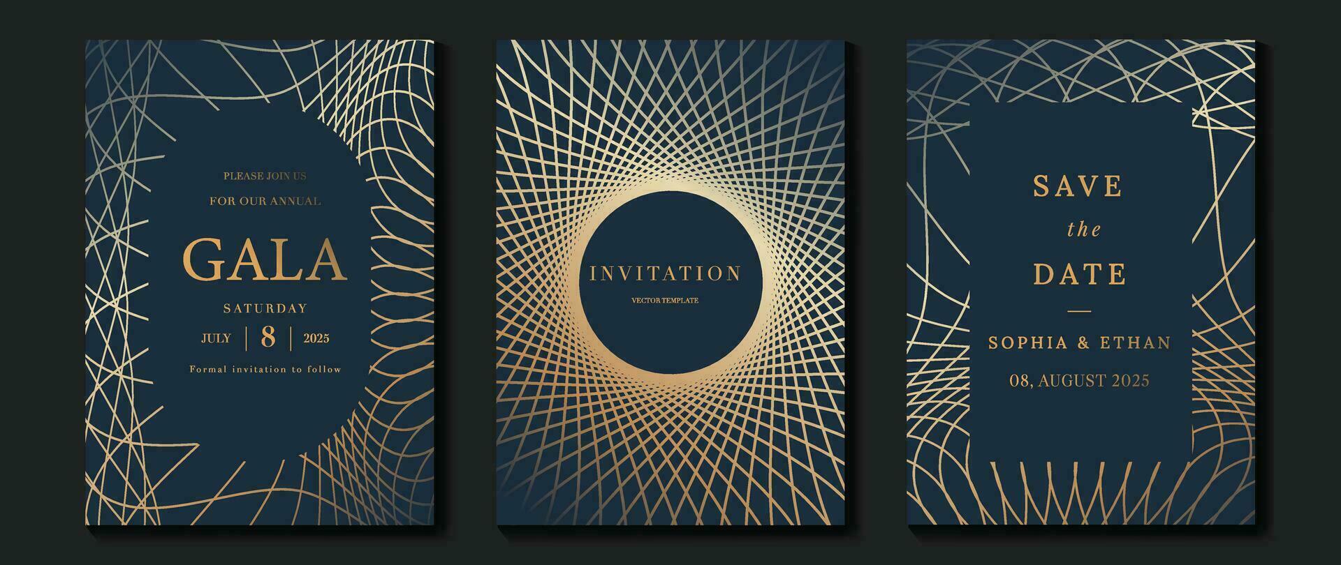 Luxury invitation card background vector. Golden elegant geometric shape, rose gold line gradient on dark blue background. Premium design illustration for gala, grand opening, party, wedding. vector