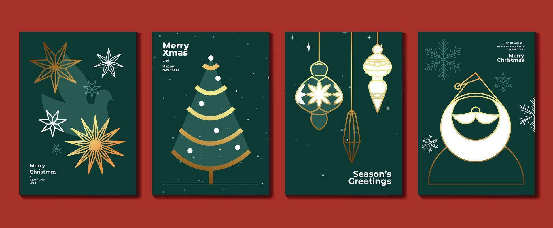 lujo Navidad invitación tarjeta Arte deco diseño vector. Navidad árbol, copo de nieve, chuchería pelota, Papa Noel línea Arte en oscuro verde antecedentes. diseño ilustración para cubrir, imprimir, póster, fondo de pantalla. vector