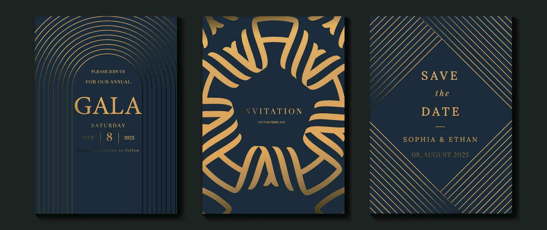 Luxury invitation card background vector. Golden elegant geometric shape, gold lines gradient on dark blue background. Premium design illustration for gala, grand opening, party invitation, wedding. vector