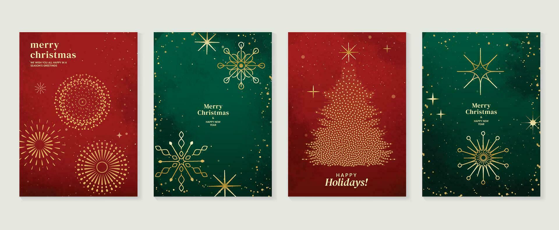 lujo Navidad invitación tarjeta Arte deco diseño vector. Navidad árbol, copo de nieve, Fuegos artificiales línea arte, acuarela en verde y rojo antecedentes. diseño ilustración para cubrir, imprimir, póster, fondo de pantalla. vector