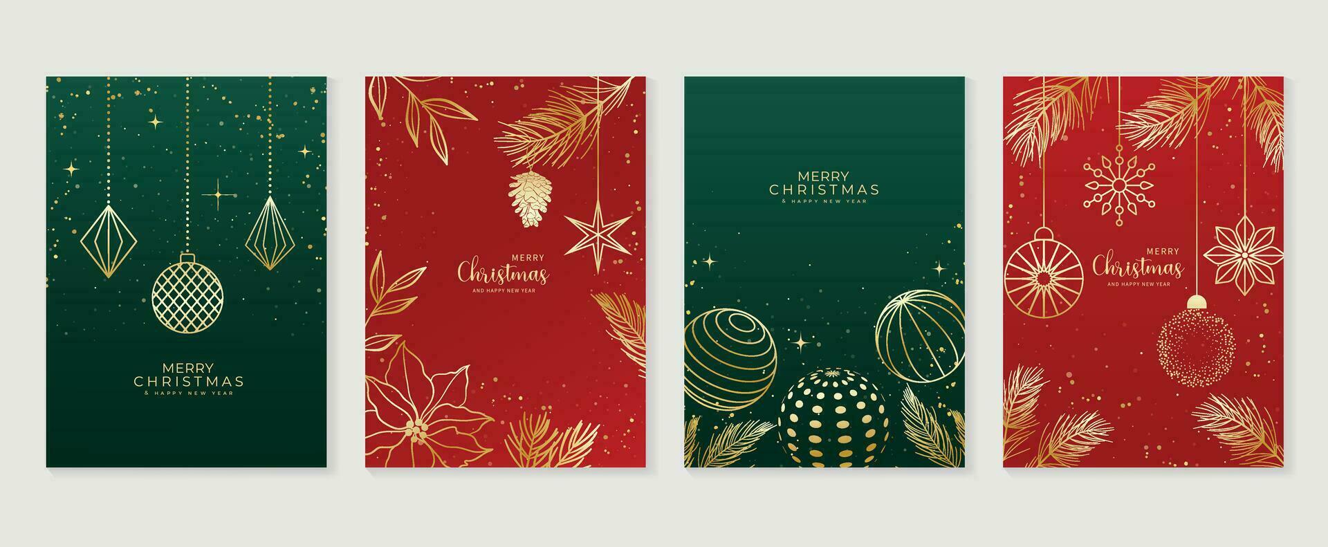 lujo Navidad invitación tarjeta Arte deco diseño vector. Navidad chuchería pelota, pino cono, acebo puntilla línea Arte en verde y rojo antecedentes. diseño ilustración para cubrir, imprimir, póster, fondo de pantalla. vector