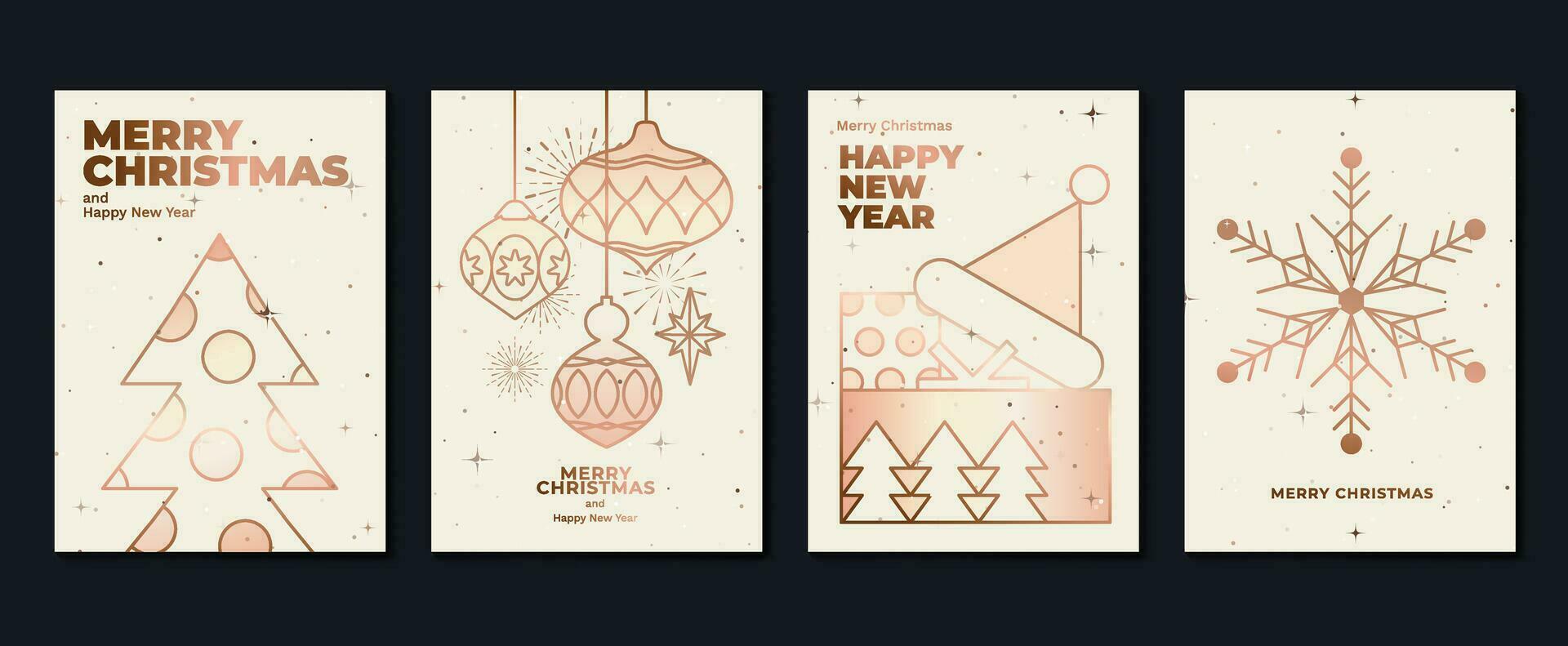 Luxury christmas invitation card art deco design vector. Christmas tree, snowflake, bauble ball, firework line art on light background. Design illustration for cover, print, poster, wallpaper. vector