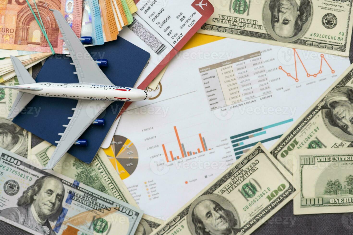 Inscription travel, Airplane, air ticket and money . Travel concept, copy space. photo