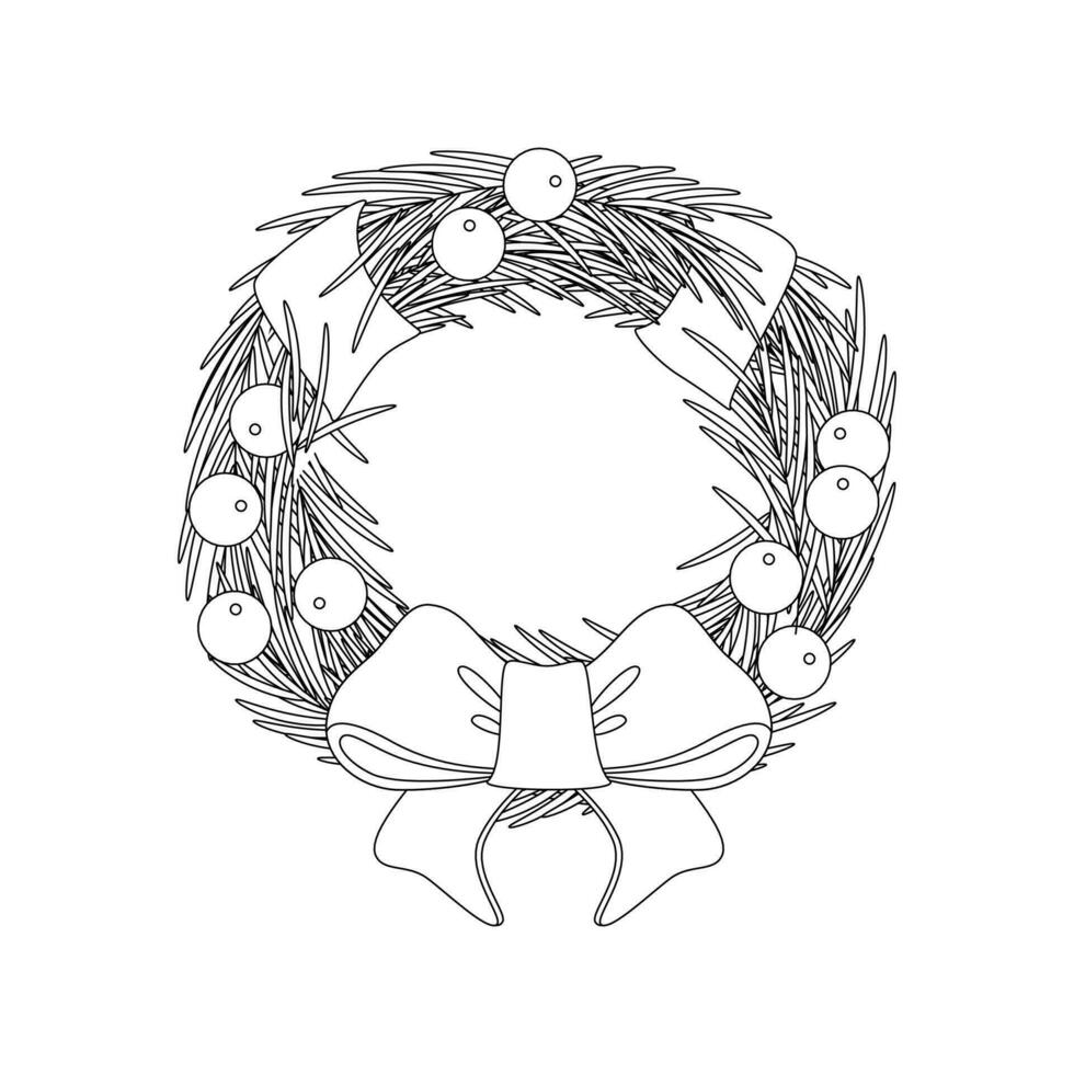 Christmas wreath with mistletoe berries and ribbon, bow. Winter holiday element. vector