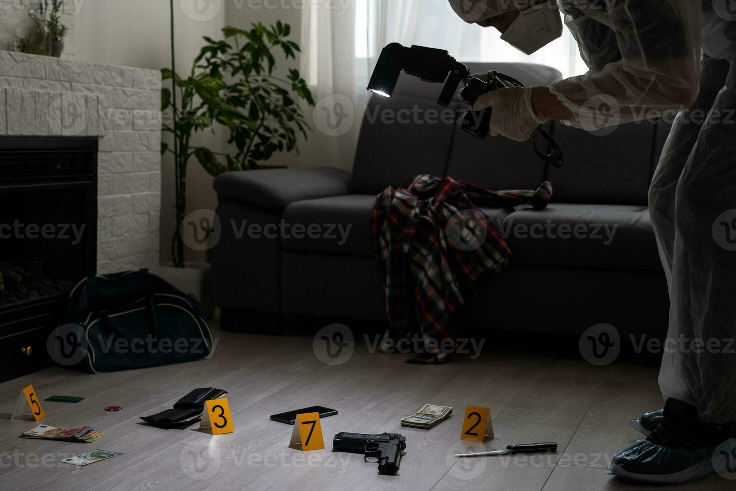 Detective Collecting Evidence in a Crime Scene. Forensic Specialists Making Expertise at Home of a Dead Person. Homicide Investigation by Professional Police Officer. photo