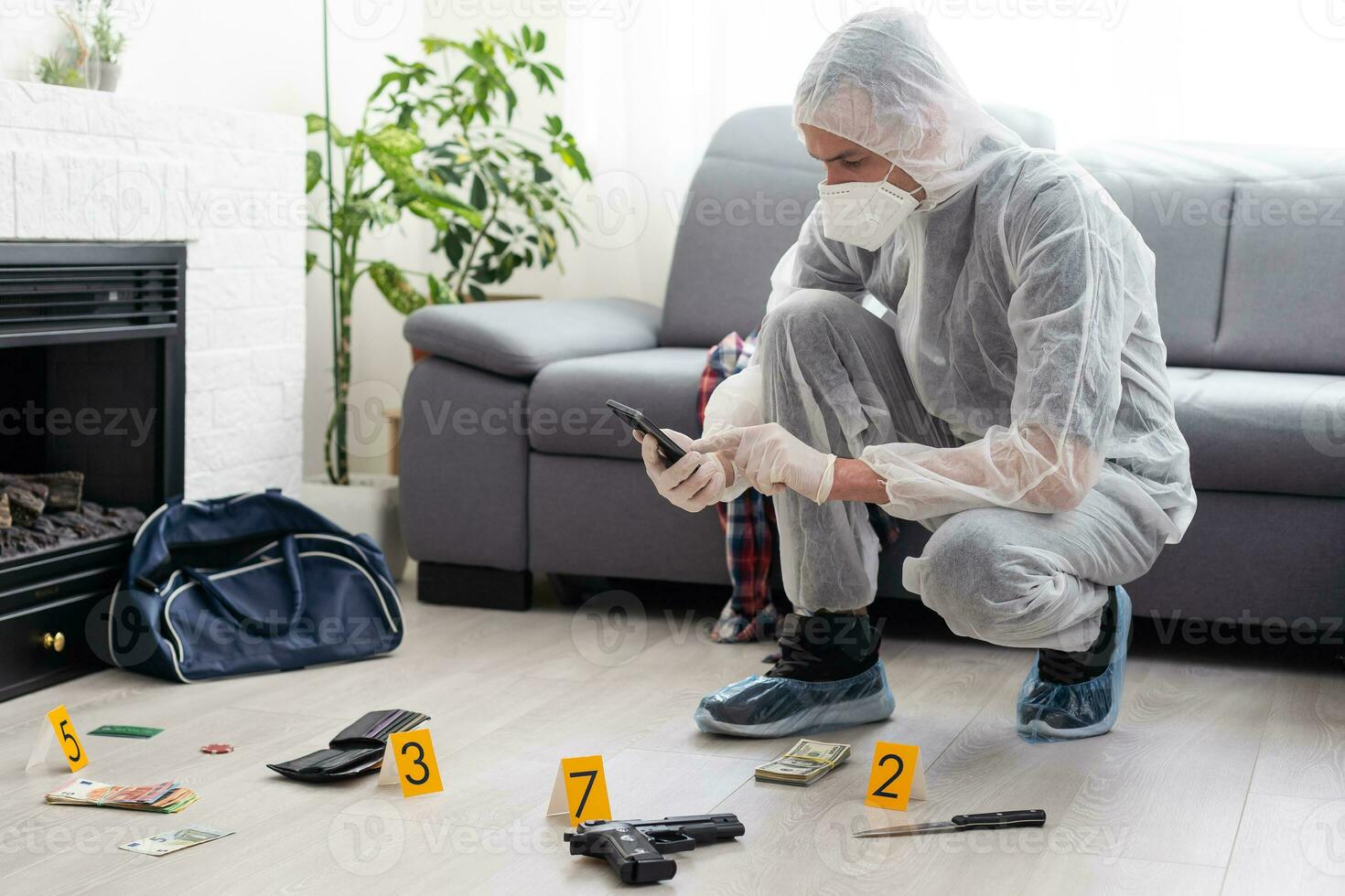 Detective Collecting Evidence in a Crime Scene. Forensic Specialists Making Expertise at Home of a Dead Person. Homicide Investigation by Professional Police Officer. photo