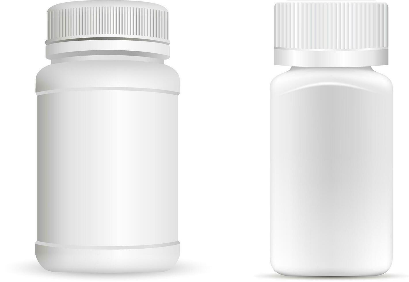 pastillas botellas blanco redondo y cuadrado médico envase para drogas, dieta, nutricional suplementos vector ilustración aislado en blanco antecedentes.