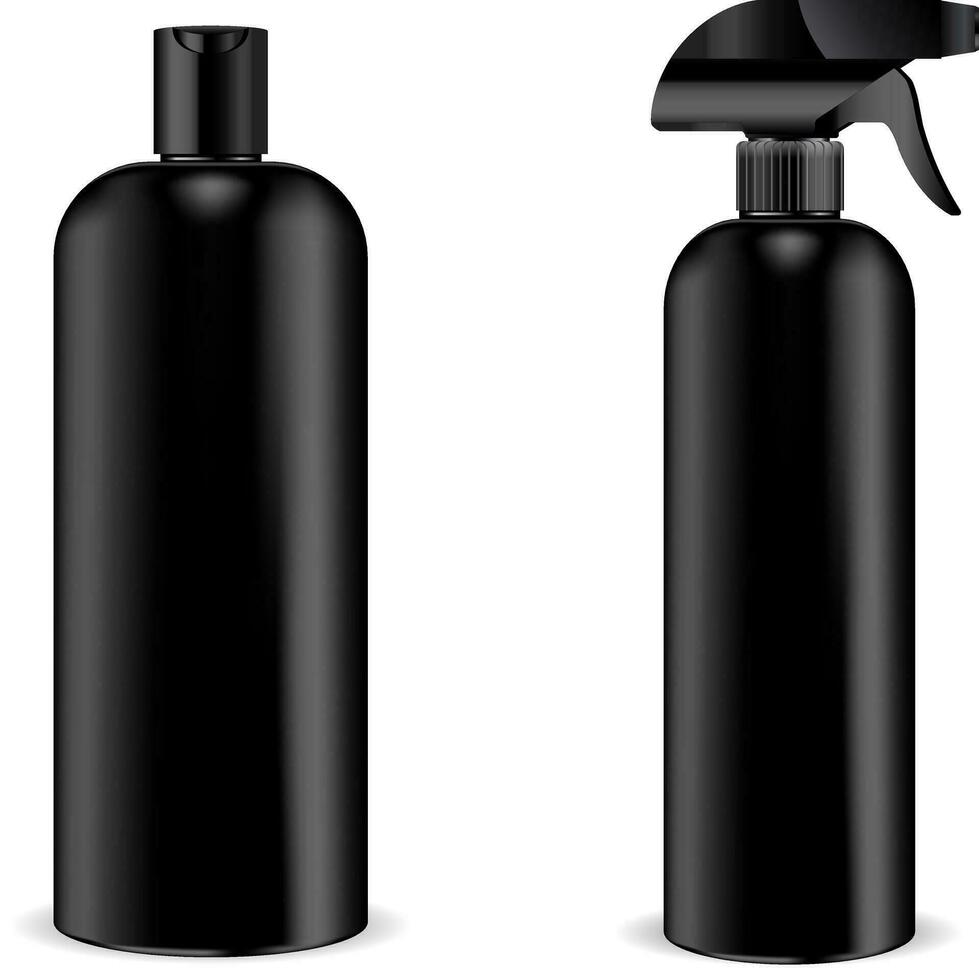 Black pistol sprayer bottle with black dispenser cap and black shampoo bottle joined in set. Isolated containers design with pump dispenser for liquid, water, oil, tonic and other cosmetic products vector