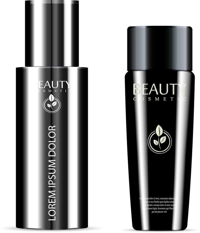 Different Realistic black cosmetic bottles on white background. Cosmetic containers for lotion, shampoo, gel, balsam, conditioner. 3d Vector Illustration.