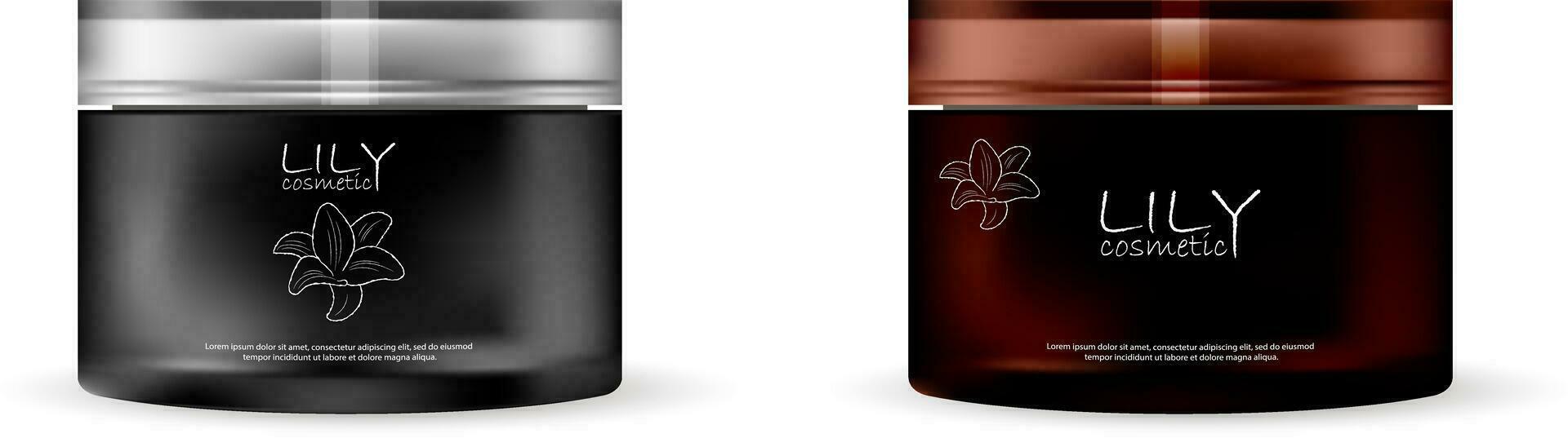 Black and brown glass plastic cosmetic cream jar set with closed lid. REalistic vector illustration with different slyle logo design.