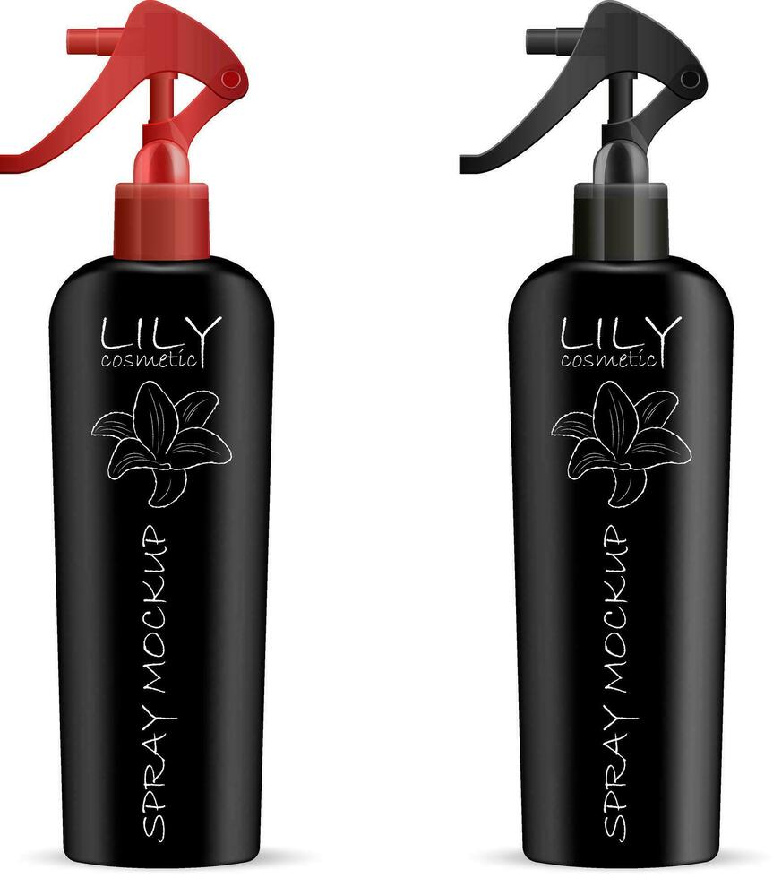 Black cosmetics sprayer bottles mockup set with red and black pump dispenser. Realistic vector illustration package.