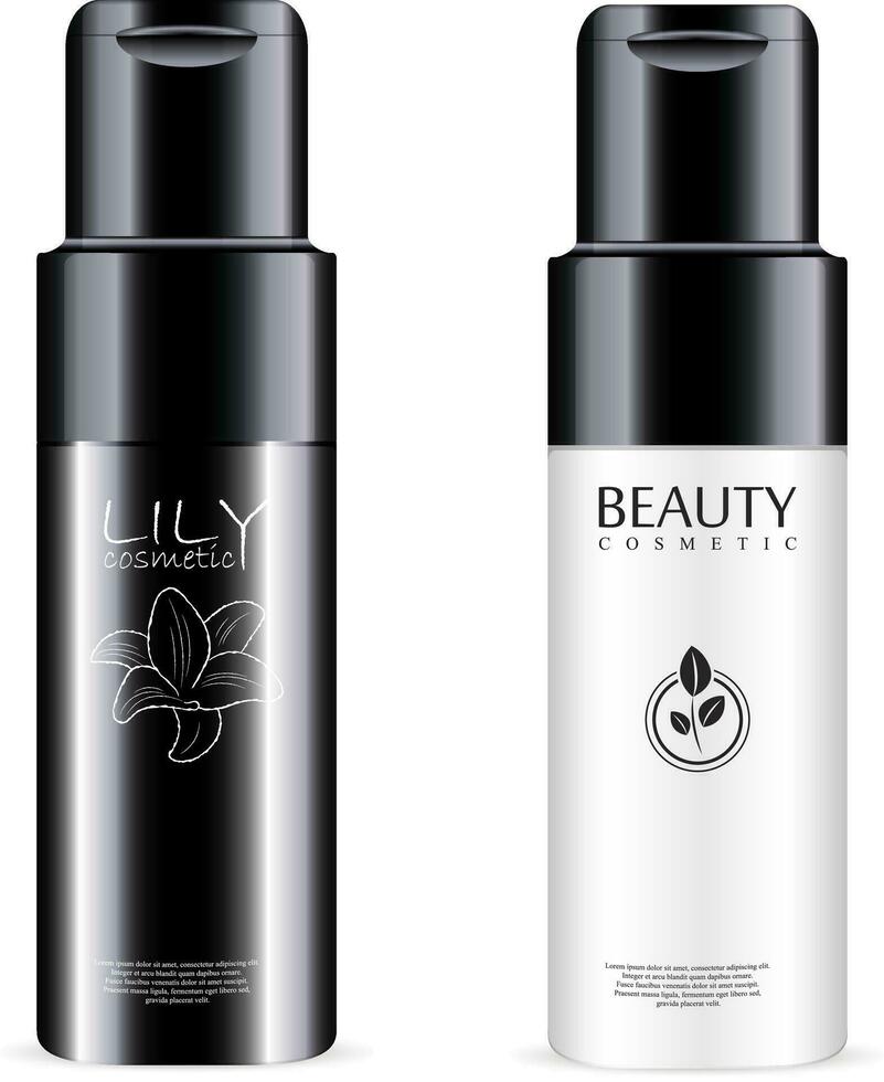Black and white conditioner bottle cosmetics mockup set with glossy lid. Realistic cosmetic package design. Vector illustration.