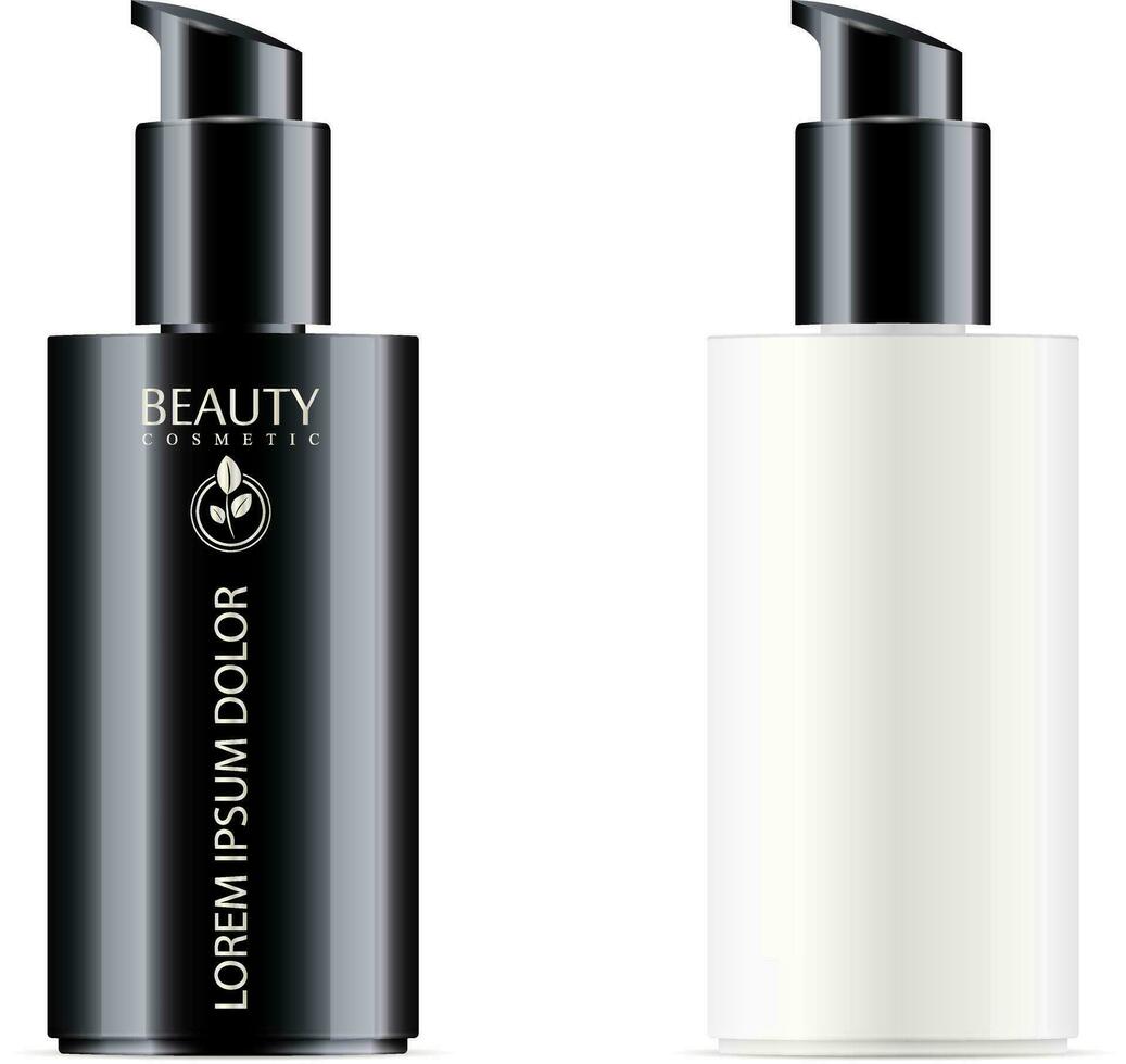 Black and white cosmetic bottle with black pump dispenser lid for moisturizer and facial liquid products. Vector design template. Cosmetics packaging mockup. Realistic 3d illustration.