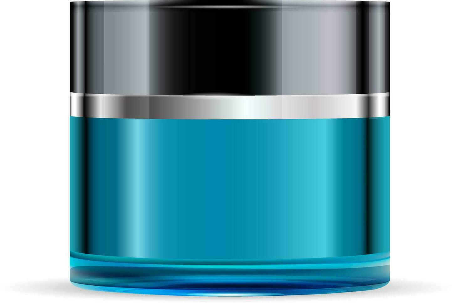 Round blue glass jar with black glossy plastic lid for cosmetics - body cream, gel, butter, bath salt, skin care, powder. Realistic packaging mockup template. Vector illustration.