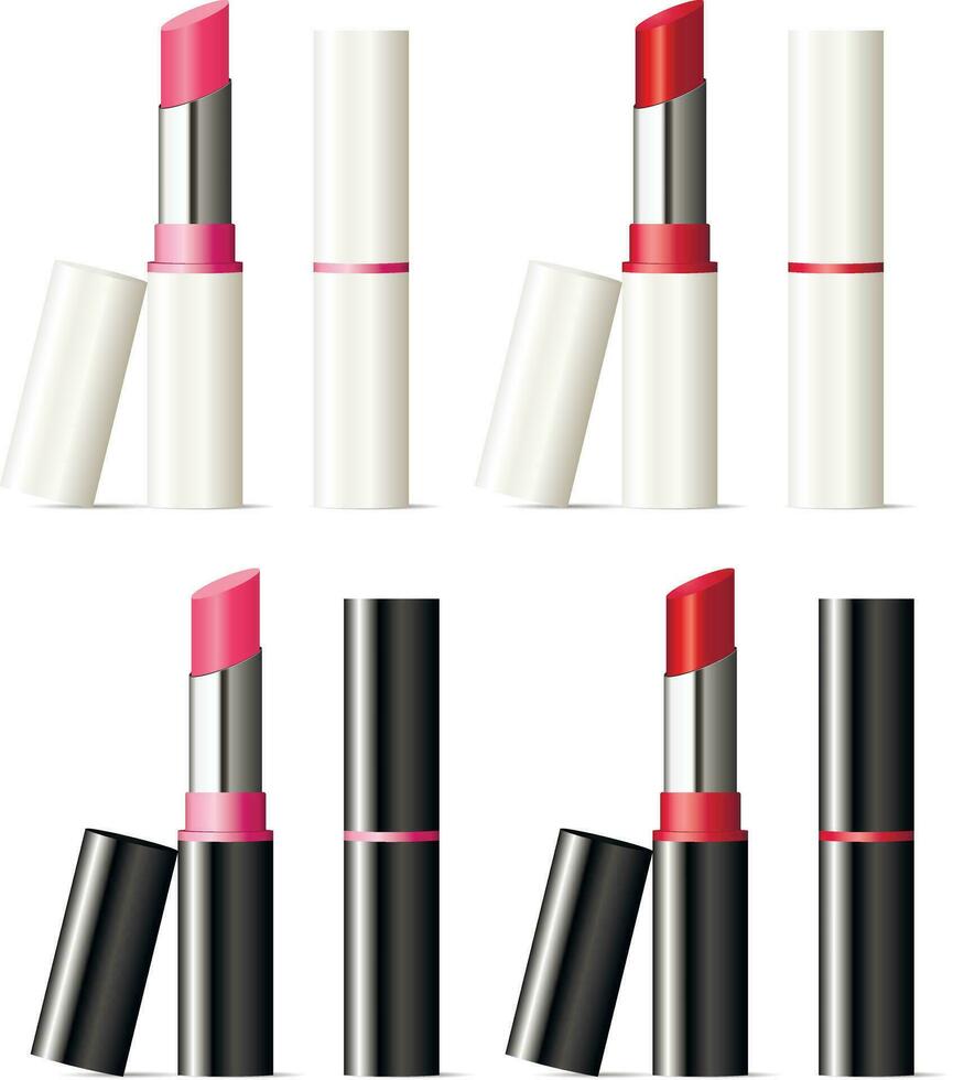 Lipstick mockup set with black and white shell. Beautiful cosmetic products with pink and red color sticks. Realistic 3d illustration design. vector