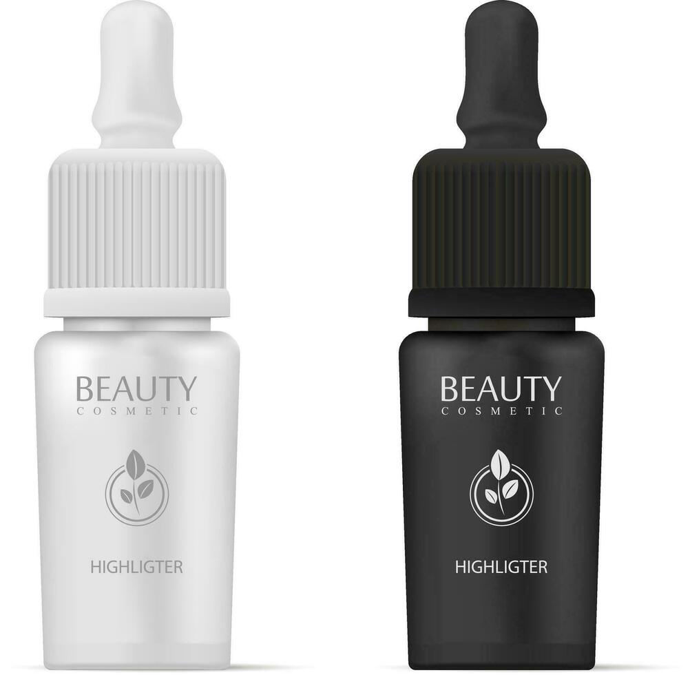 Cosmetics highligter bottles with dropper in black and white colors. Realistic mockup vector illustration. Can be used in medical and health care products.