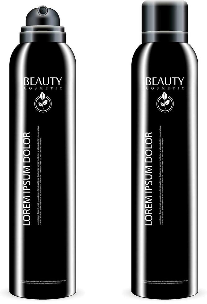 Black Aerosol spray metal bottle with lid. Deodorant antiperspirant or cosmetic hairspray can template. Vector package illustration isolated on white background.