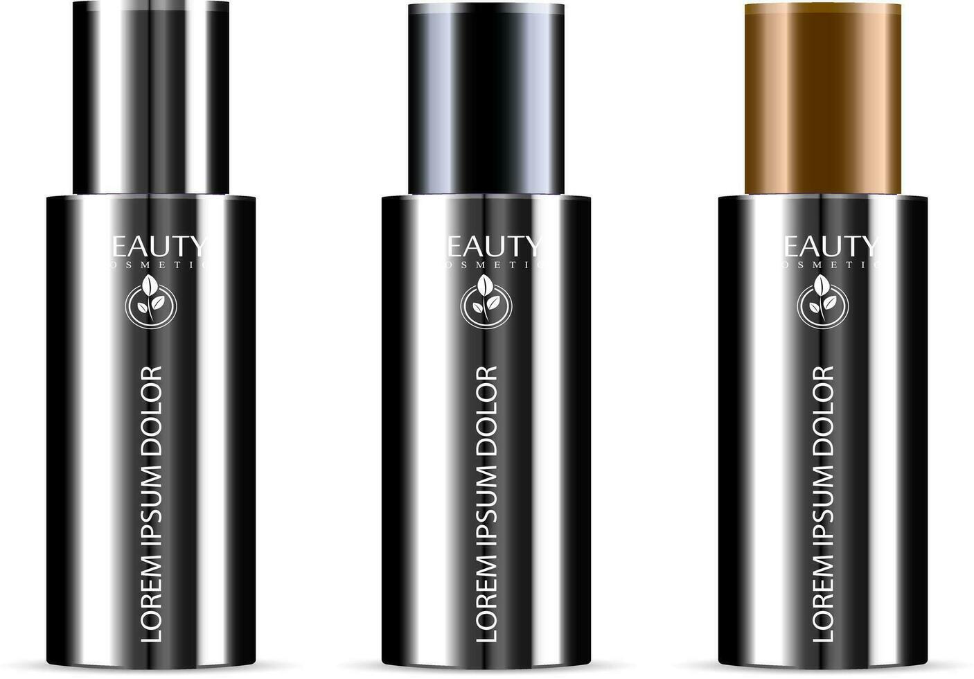 Black set of cosmetic products on a white background. Cosmetic package collection for cream, soups, foams, shampoo with different caps. Vector blank mock up for brand template.