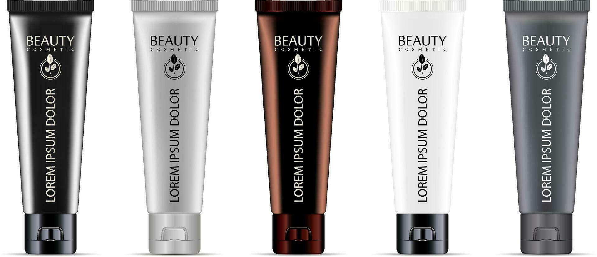 Cosmetic or medicine cream tubes set with different color variations. High quality elite mockup cosmetics template. Jars for cream, toothpaste, ointment, lotion, aftershave, balm, foundation. vector