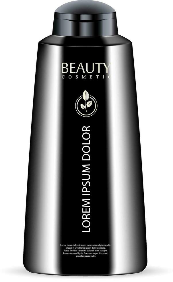Black cosmetic bottle for shower gel, lotion, conditioner. Luxury product. Vector mockup of body cosmetics packaging. Sample logo and label in it.