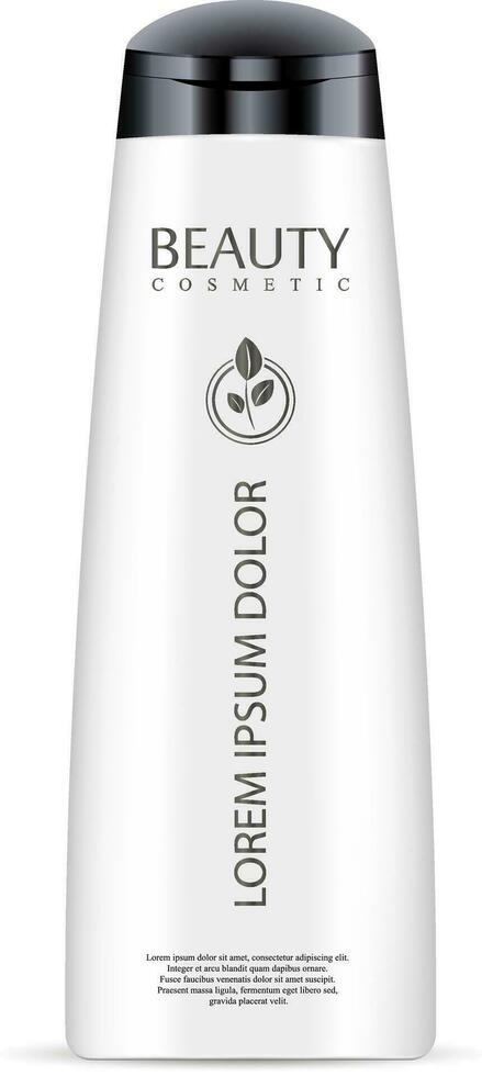 White cosmetic bottle for shampoo, shower gel. Luxury cosmetics product with label and sample logo. Vector mockup illustration.