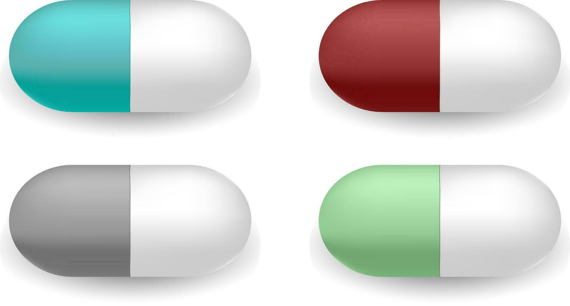 farmacia pastillas aislado en blanco antecedentes. cápsulas con diferente color caparazón. cura o placebo medicina productos vector ilustración. eps10
